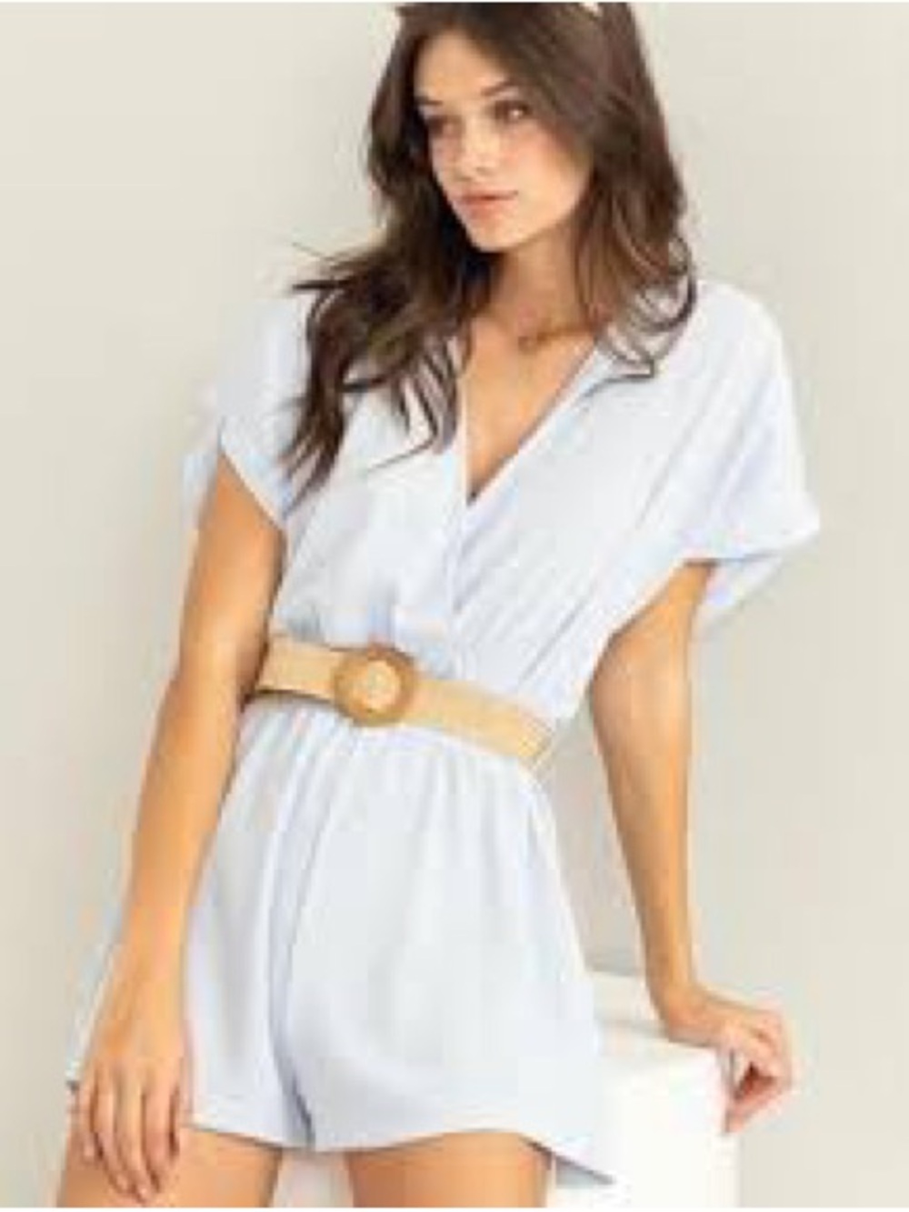HYFVE Light Blue Short Sleeve Romper with Tan Belt